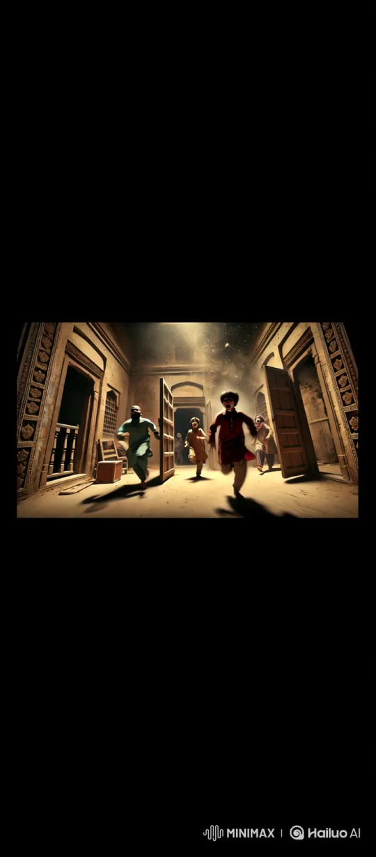 Children Fleeing Through Slamming Doors in Dusty Corridor – AI Generated Video | Hailuo AI