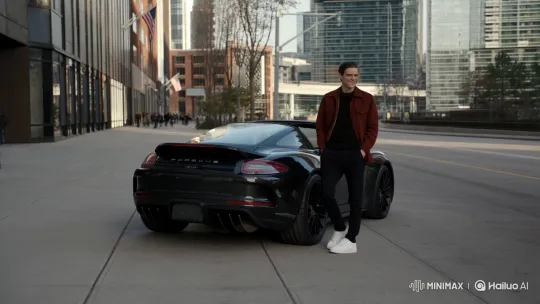 Young Man Enters Porsche on City Sidewalk – AI Generated Video | Hailuo AI