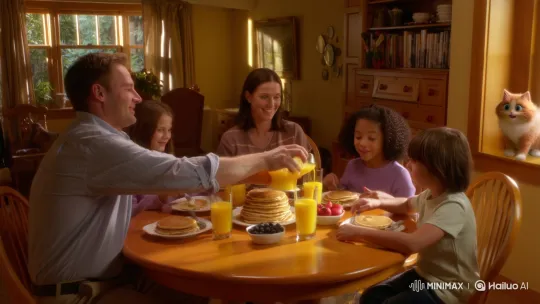 Family Enjoying Breakfast with Curious Cartoon Cat – AI Generated Video | Hailuo AI