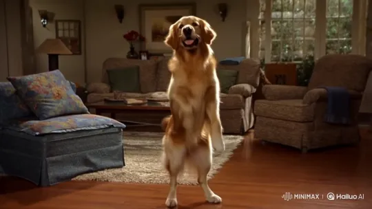 Golden Retriever Mimics Speech and Dances in Cozy Living Room – AI Generated Video | Hailuo AI