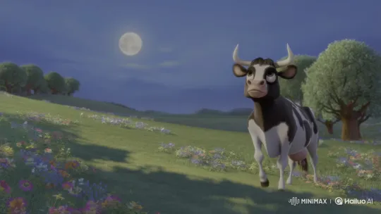 Majestic Cow Clarabelle Dreams of Painting Moonlit Sky – AI Generated Video | Hailuo AI