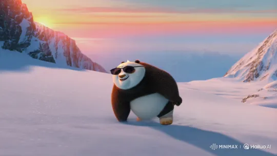Fluffy Panda Dances in Sunrise on Snowy Mountain Peak – AI Generated Video | Hailuo AI