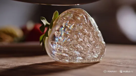 Glass Strawberry Sliced on Wooden Board – AI Generated Video | Hailuo AI