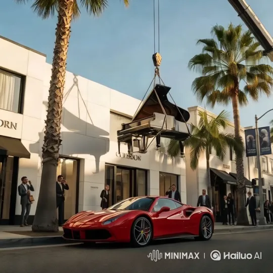 Ferrari Destroyed by Falling Piano in Beverly Hills – AI Generated Video | Hailuo AI