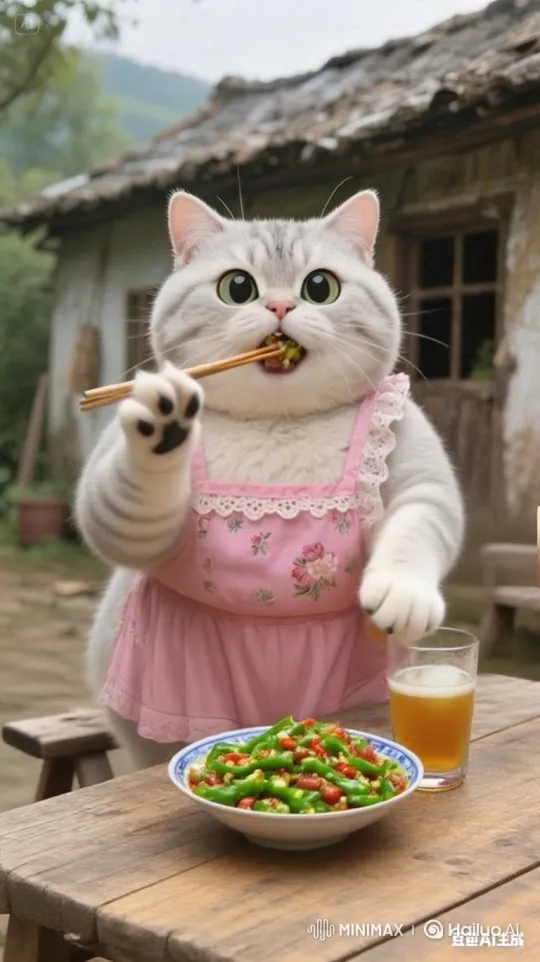 Tabby Cat Enjoying Stir-Fry and Beverage – AI Generated Video | Hailuo AI