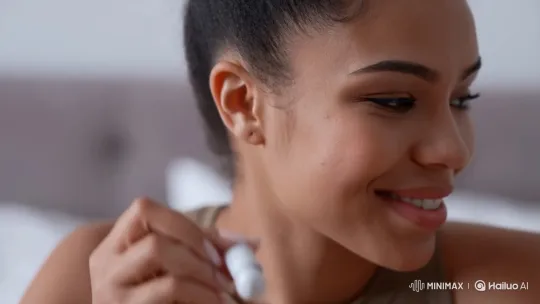 Woman Smiles Satisfied with Wireless Earphone Test – AI Generated Video | Hailuo AI