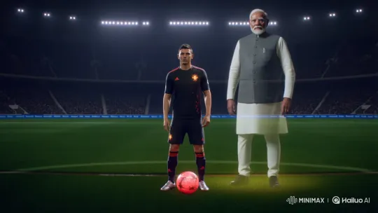 Cristiano Ronaldo Kicks Glowing Ball with Modi Hologram – AI Generated Video | Hailuo AI
