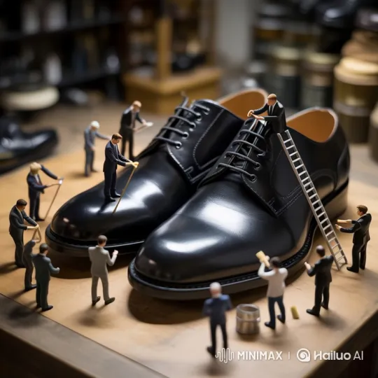 Tiny Workers Polishing Giant Shoes in Workshop – AI Generated Video | Hailuo AI