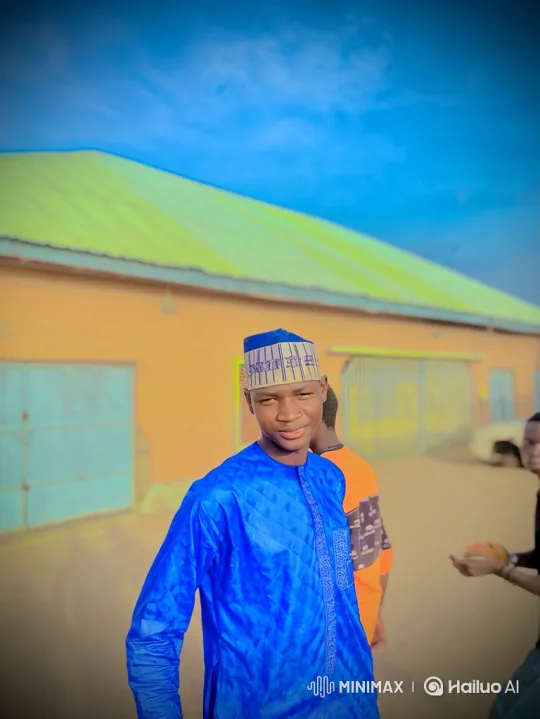 Young Man in Royal Blue Tunic, Peach Building Background – AI Generated Video | Hailuo AI