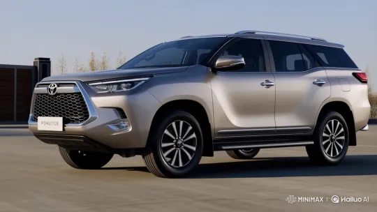 New Toyota Fortuner Drives Past Gate in Modern Setting – AI Generated Video | Hailuo AI