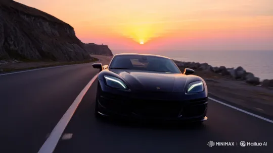 Sleek Sports Car Glides Along Sunset Coastline – AI Generated Video | Hailuo AI