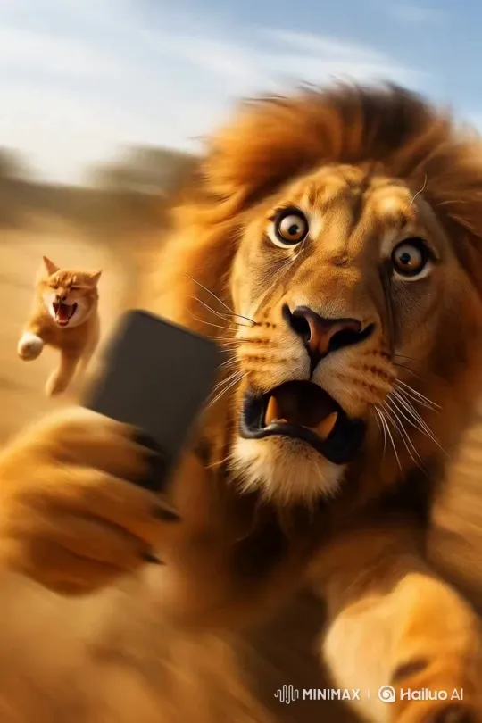 Fleeing Cat Escapes Lion's Pursuit – AI Generated Video | Hailuo AI