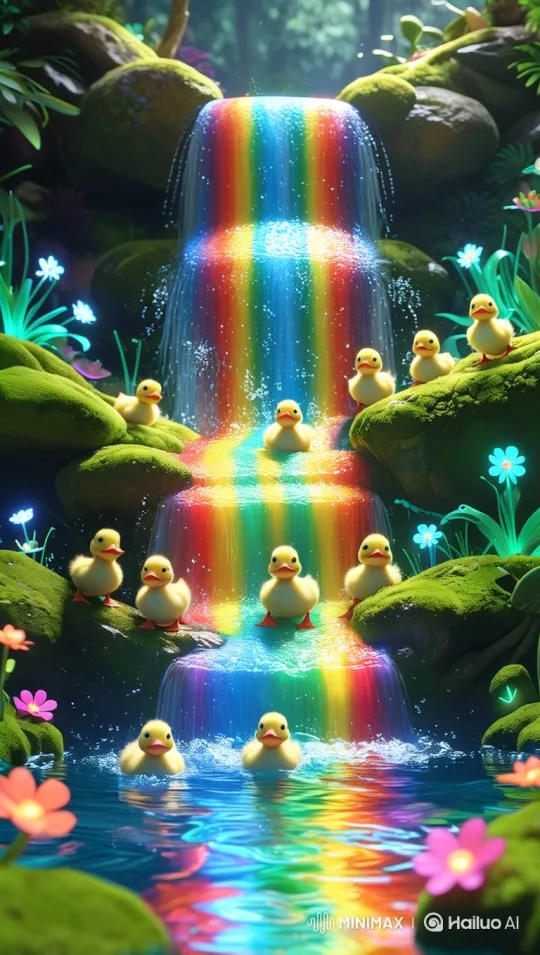 Magical Forest: Rainbow Waterfall and Ducklings' Play – AI Generated Video | Hailuo AI