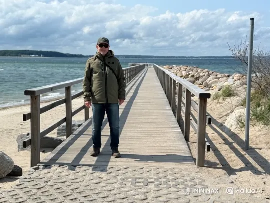 Man Contemplates at Coastal Pier in Serene Setting – AI Generated Video | Hailuo AI