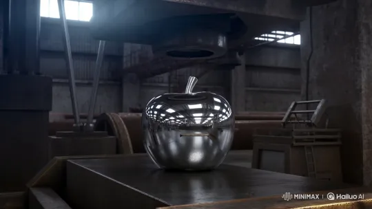 Industrial Press Crushes Chrome Apple in Cold Factory – AI Generated Video | Hailuo AI