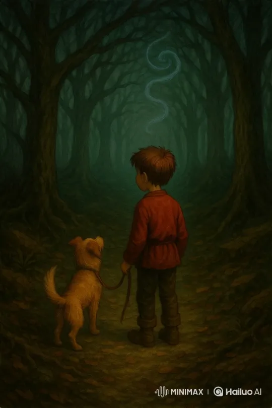 Boy and Dog Enchanted by Mysterious Light in Forest – AI Generated Video | Hailuo AI