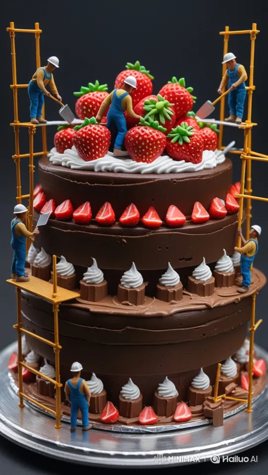 Miniature Workers Construct Chocolate Cake Masterpiece – AI Generated Video | Hailuo AI