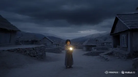 Girl Conjures Colorful Snowfall in Grey Village – AI Generated Video | Hailuo AI