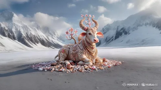 Fantasy Cow in Snowy Valley with Ornate Jewelry – AI Generated Video | Hailuo AI