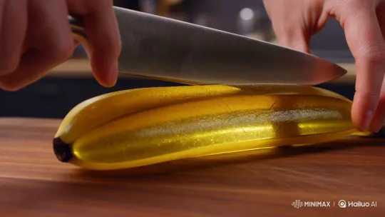 Realistic Slicing of a Glass Banana Revealing Glowing Core – AI Generated Video | Hailuo AI