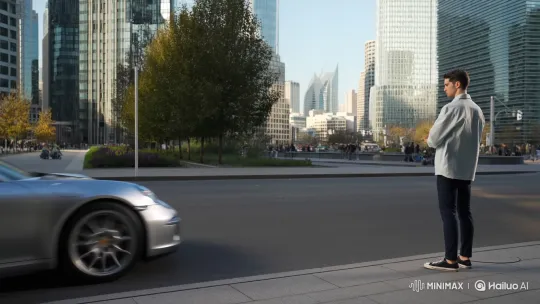 Stylish Man Drives Away in Porsche on Modern City Street – AI Generated Video | Hailuo AI