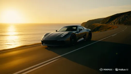 Modern Sports Car Cruises Along Coastal Sunset Highway – AI Generated Video | Hailuo AI