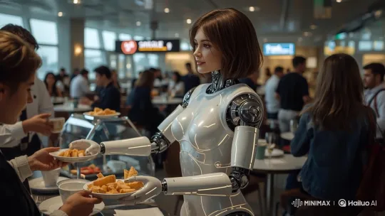 Realistic Female Humanoid Robot Serving Snacks in Futuristic Airport Cafe – AI Generated Video | Hailuo AI