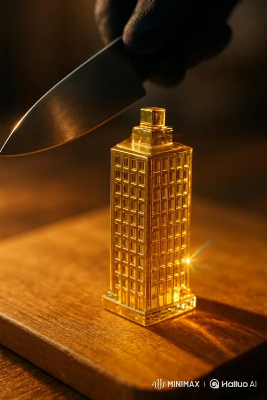 Knife Poised Over Miniature Glass Building Model – AI Generated Video | Hailuo AI