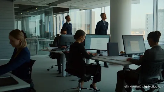 Office Workers Monitored by Static Bodyguards – AI Generated Video | Hailuo AI