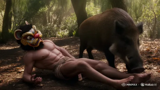 Divine Man Defeated by Wild Boar in Forest Setting – AI Generated Video | Hailuo AI