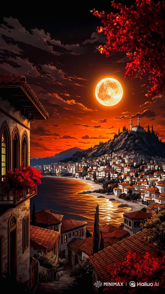 Mediterranean Town Under Moonlit Sky with Gentle Life – AI Generated Video | Hailuo AI