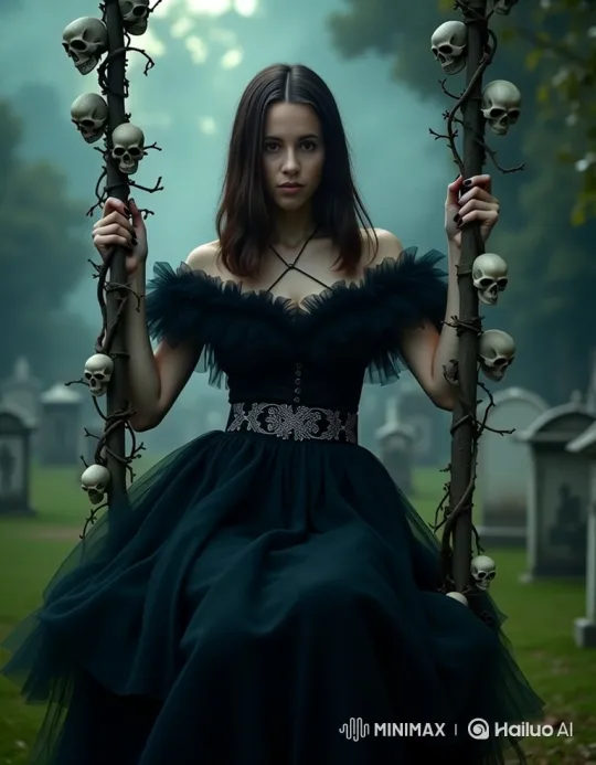 Gothic Woman Swings in Haunted Graveyard Setting – AI Generated Video | Hailuo AI