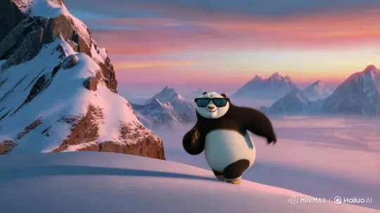 Fluffy Panda Joyfully Dancing on Snowy Mountain at Sunrise – AI Generated Video | Hailuo AI