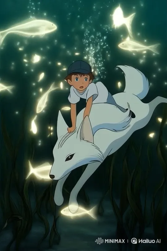 Boy and Fox Discover Underwater City of Light – AI Generated Video | Hailuo AI