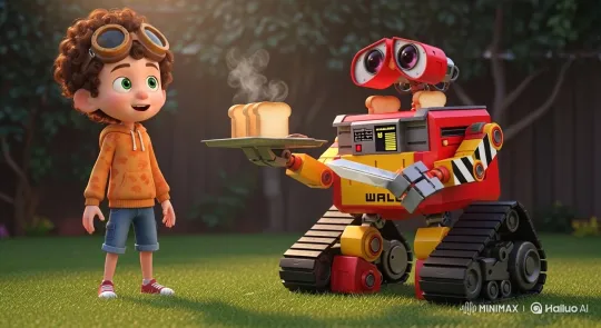 Boy's Joyful Encounter with Toast-Offering Robot – AI Generated Video | Hailuo AI