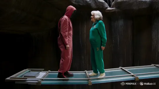Elderly Woman Pushes Organizer Off Glass Bridge in Squid Game – AI Generated Video | Hailuo AI