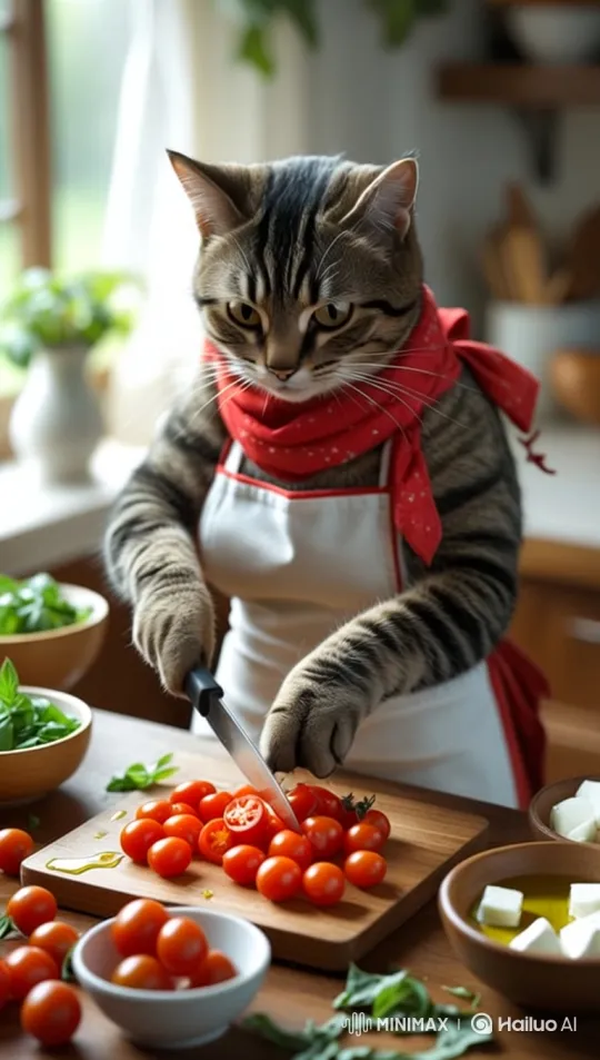 Tabby Cat Chef Prepares Colorful Salad in Sunny Kitchen – AI Generated Video | Hailuo AI