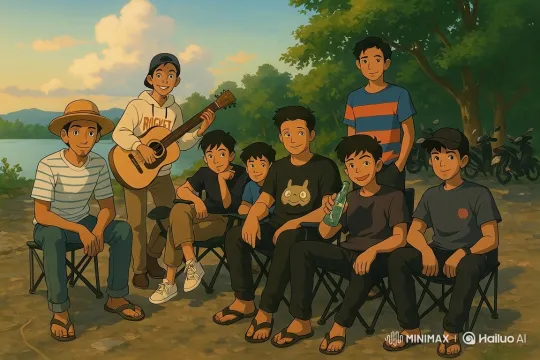 Young Men Enjoying Outdoors, Sharing Laughter and Music – AI Generated Video | Hailuo AI