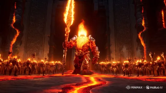 Lord of Fire Walks Through Great Forge Amidst Devotion – AI Generated Video | Hailuo AI