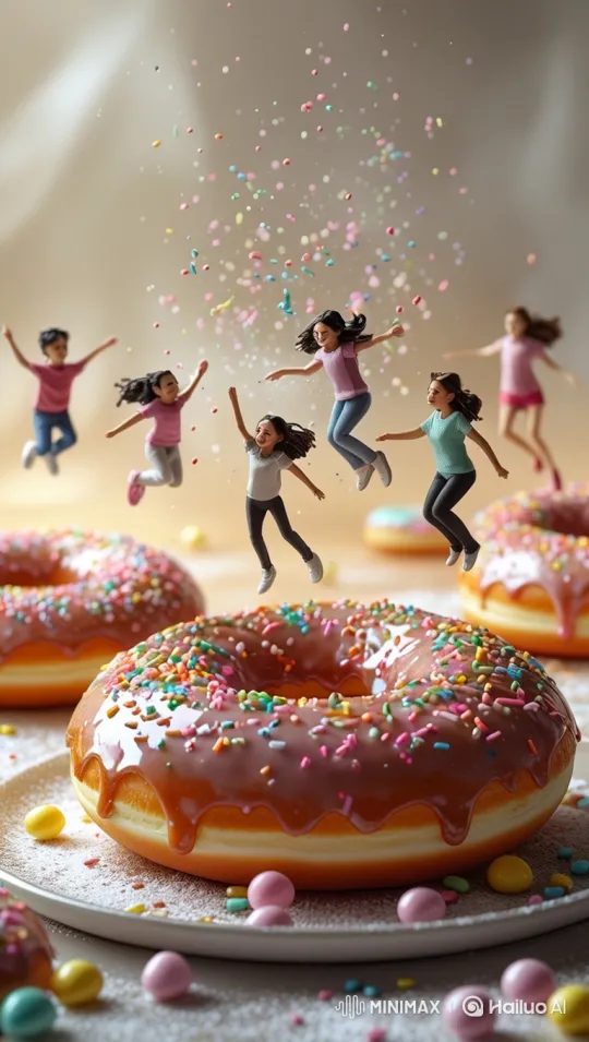 Magical Candyland: Kids Leap on Giant Sprinkled Donuts – AI Generated Video | Hailuo AI