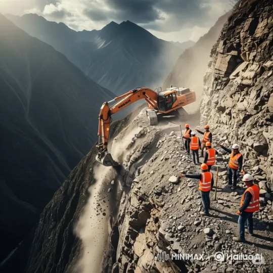 Mountain Construction: Perilous Excavator Work Amidst Valleys – AI Generated Video | Hailuo AI