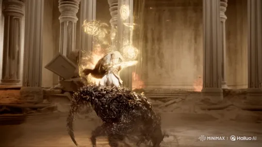Divine Warrior Strikes Shadow Beast in Epic Hall Battle – AI Generated Video | Hailuo AI