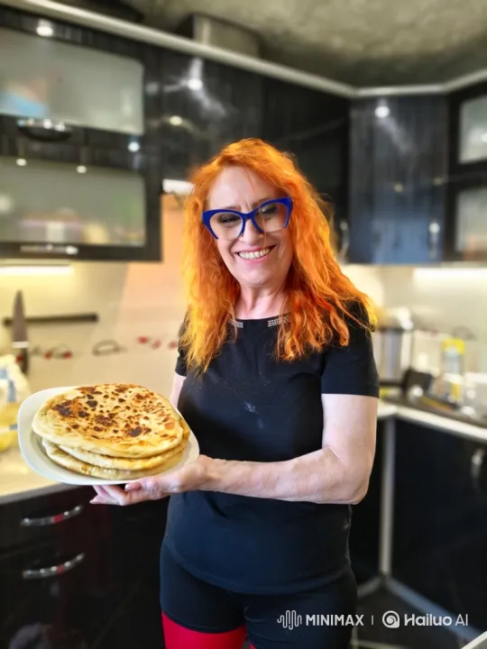 Woman Shares Freshly Made Flatbreads in Inviting Kitchen – AI Generated Video | Hailuo AI