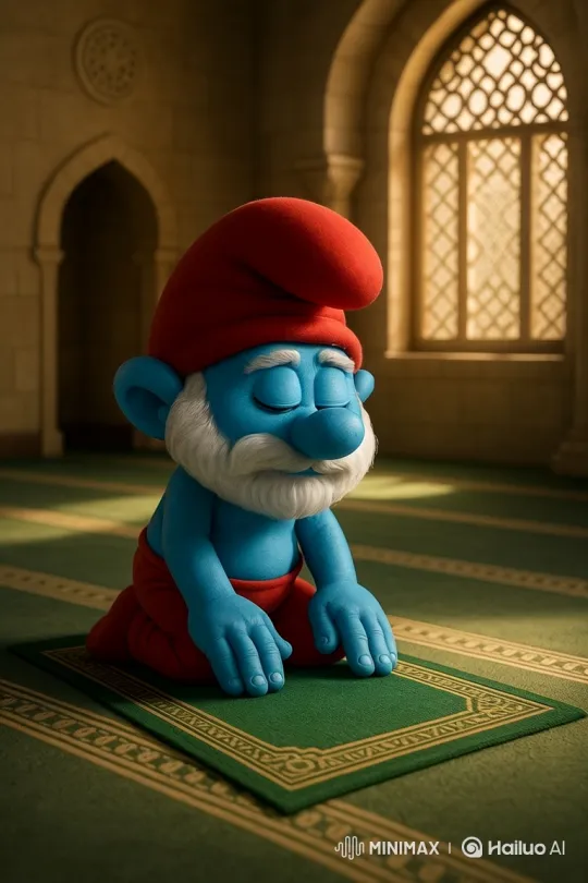 Papa Smurf in Tranquil Prayer Amidst Golden Light – AI Generated Video | Hailuo AI
