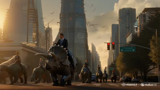 Man Commutes on Armored Triceratops in Futuristic City – AI Generated Video | Hailuo AI