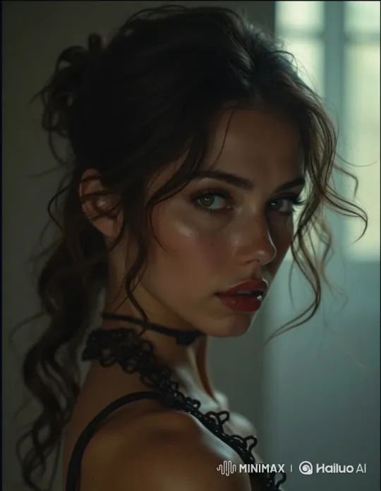 Intimate Gaze of a Young Woman in Black Lace – AI Generated Video | Hailuo AI
