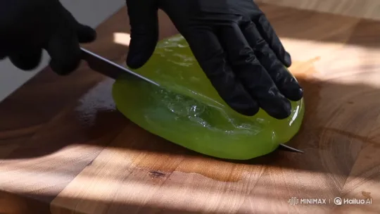 Artisan Slicing a Glowing Lime-Green Melon – AI Generated Video | Hailuo AI