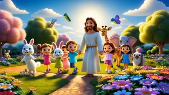 Jesus and Children Enjoy Garden with Animals in Cocomelon Style – AI Generated Video | Hailuo AI