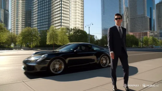 Stylish Man Enters Porsche on Modern City Sidewalk – AI Generated Video | Hailuo AI