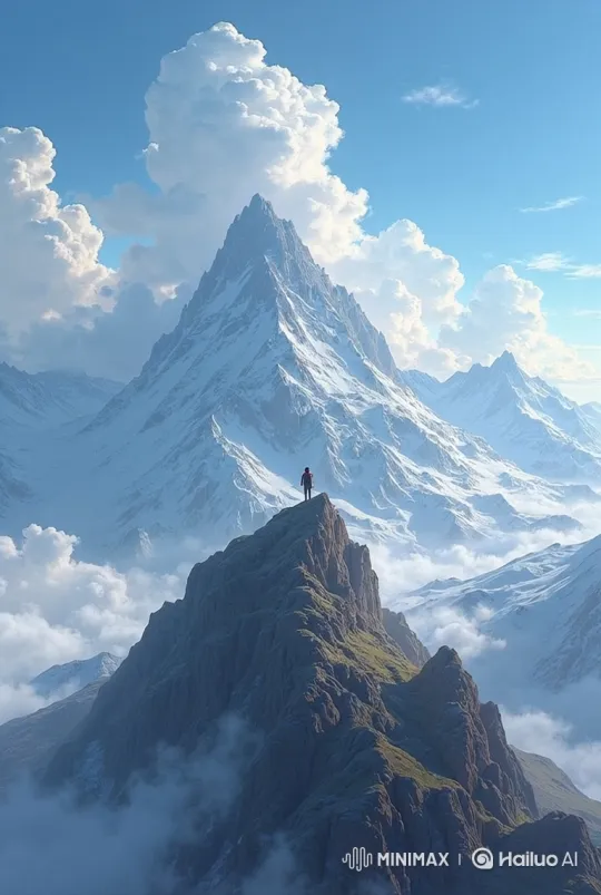 Man Embraces Mountain Majesty with Birds in Flight – AI Generated Video | Hailuo AI